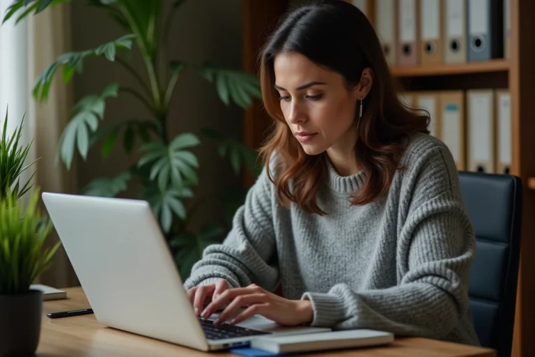 Femme cherchant une alternative à zone-annuaire sur son ordinateur portable dans un bureau à domicile