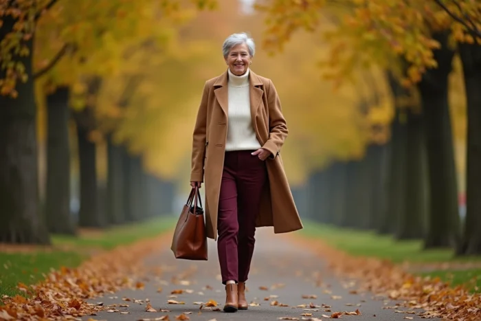 Femme de 75 ans en manteau camel et bottines cuir se promenant dans un jardin en automne, inspiration mode senior