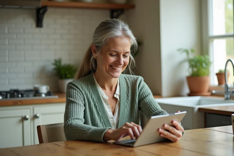 Femme senior souriante créant son compte Famileo sur une tablette dans une cuisine chaleureuse