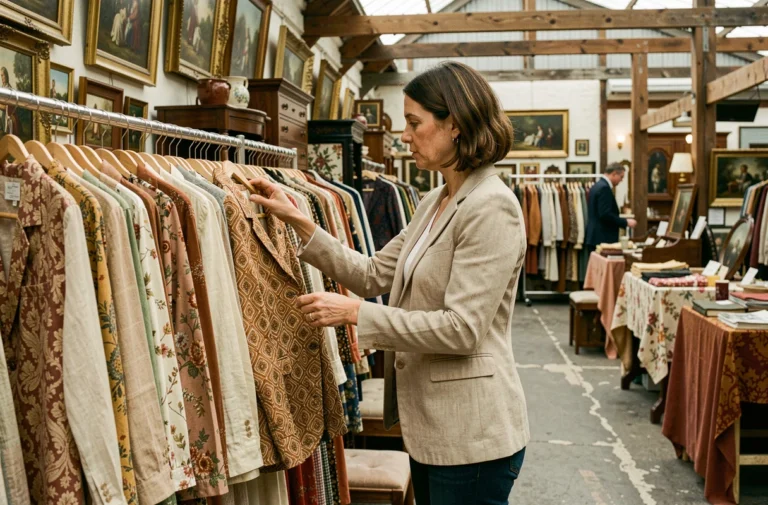 Femme parcourant des vêtements vintage dans une boutique du marché aux puces de Clignancourt à Paris