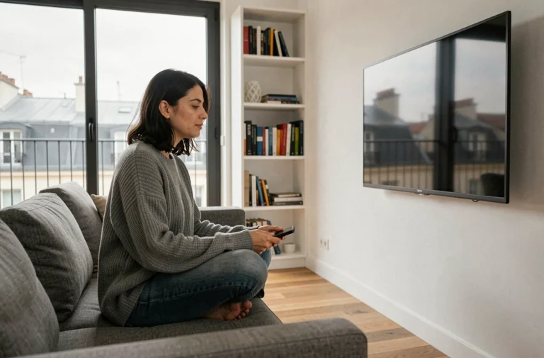 Femme regardant une plateforme de streaming sur une Smart TV dans un appartement parisien moderne