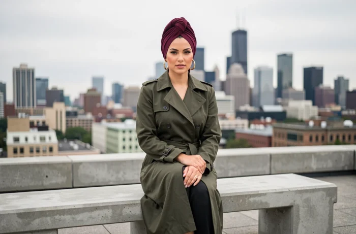 Femme assise sur un toit urbain portant un turban bordeaux en jersey et des boucles d'oreilles dorées