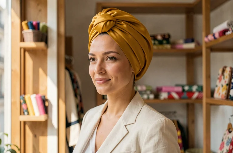 Femme portant un turban en soie jaune moutarde avec un blazer en lin crème dans une boutique parisienne