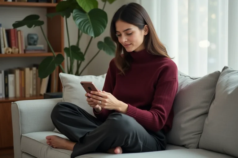 Jeune femme parcourant l'application Vinted sur son smartphone pour trouver des vêtements inspirés des séries TV françaises