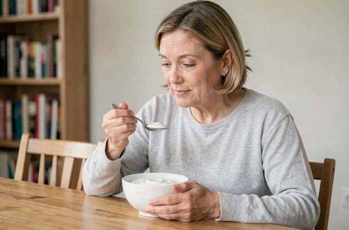 Femme mangeant un yaourt nature avant une coloscopie dans une salle à manger lumineuse