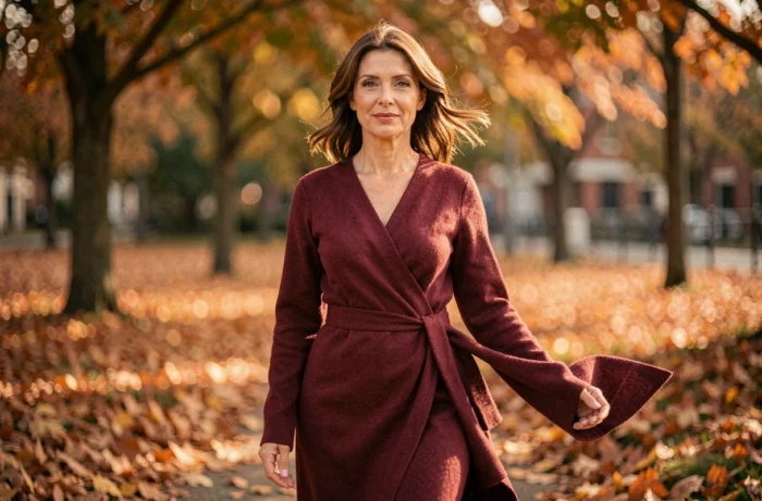 Femme d'une quarantaine d'années aux yeux hazel gris portant une robe cachemire bordeaux qui met en valeur les reflets dorés de ses yeux, photographiée dans un parc en automne