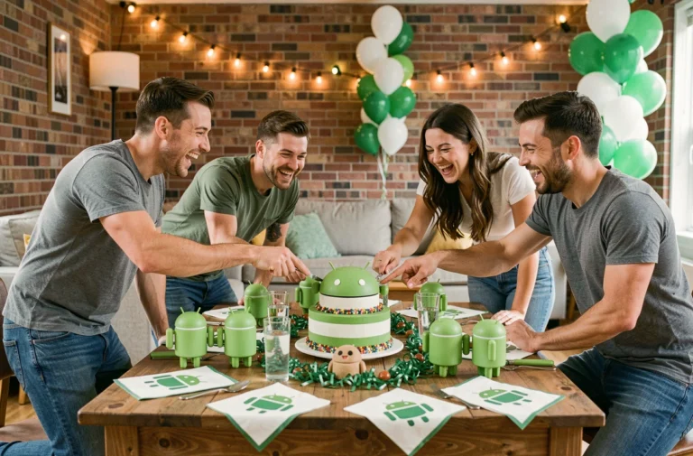 Groupe d'amis célébrant une fête sur le thème Android autour d'une table décorée avec des figurines du robot vert et un gâteau Bugdroid