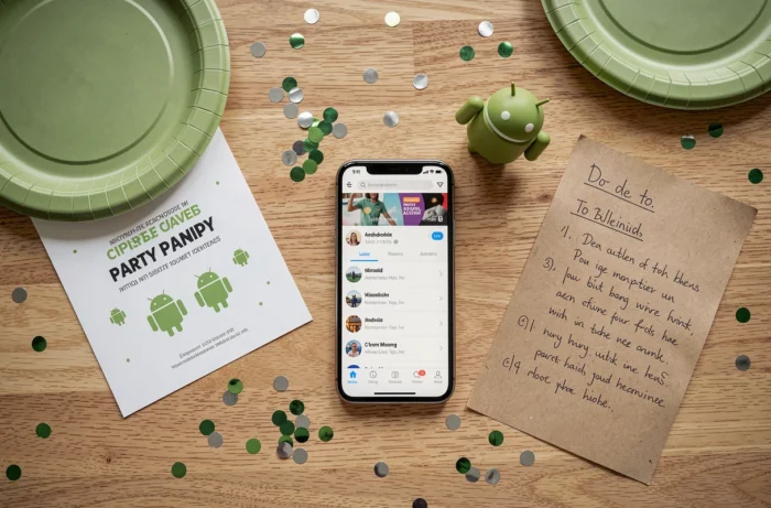 Vue de dessus d'une mise en scène de planification de fête Android avec invitations, figurine Bugdroid, smartphone et décorations vertes sur une table en bois