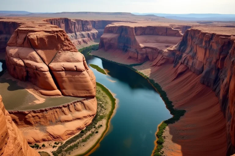 Vue aérienne du fleuve Colorado serpentant à travers les canyons rouges de l'Arizona, reflets turquoise sur les falaises de grès