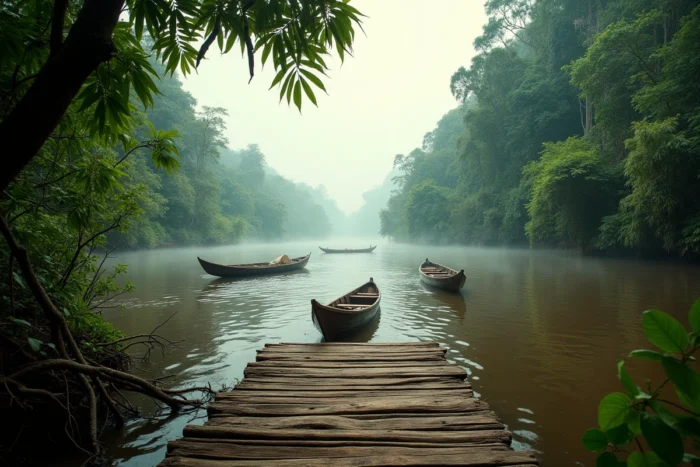 Le fleuve Congo vu depuis un embarcadère en bois, forêt équatoriale dense en arrière-plan et pirogues traditionnelles au premier plan