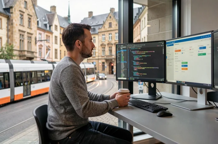 Freelance masculin travaillant dans un coworking avec vue sur la ville de Luxembourg