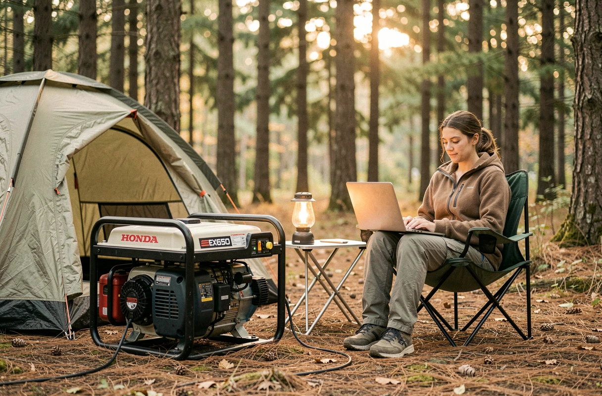 Générateur portable Honda EX650 alimentant un campement en forêt avec une femme travaillant sur ordinateur