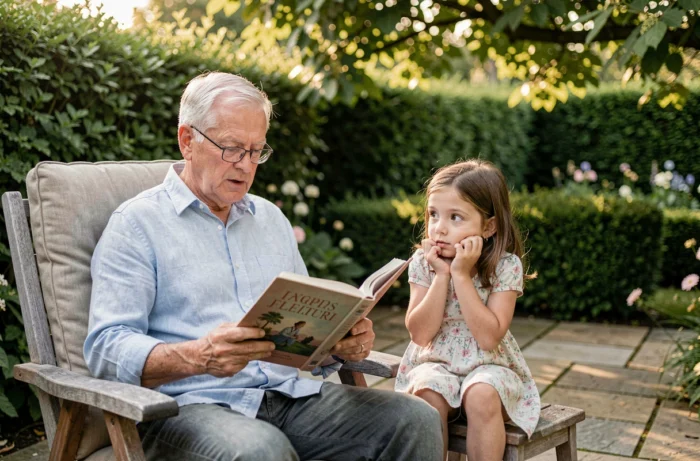 Grand-père lisant une histoire à sa petite-fille dans un jardin verdoyant
