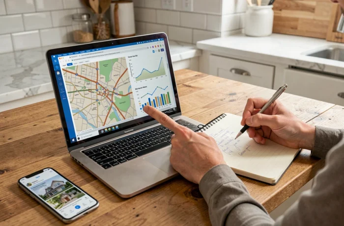 Gros plan sur des mains consultant une plateforme immobilière en ligne avec graphiques de rendement et carte de propriétés