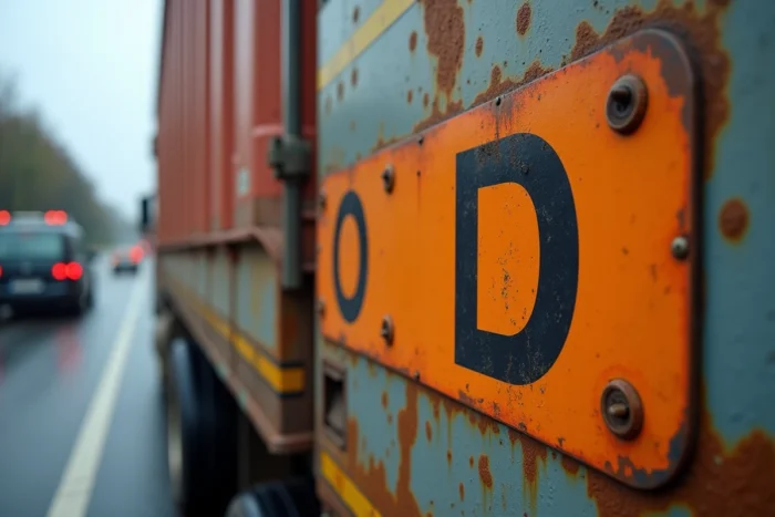 Gros plan détaillé de la lettre D sur une plaque de transport de matières dangereuses orange fixée sur la carrosserie d'un camion