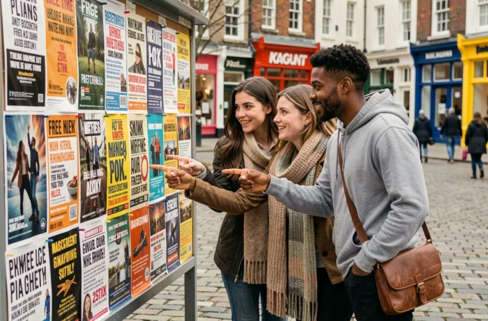 Groupe d'amis découvrant des événements et bons plans gratuits affichés sur un tableau d'annonces en ville