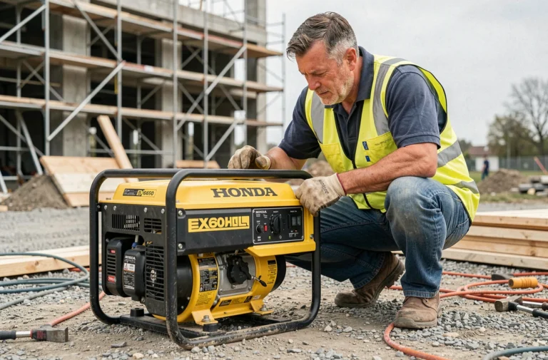 Groupe électrogène Honda EX650 utilisé sur un chantier de construction extérieur par un ouvrier professionnel