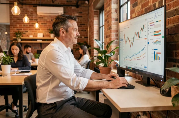 Homme d'affaires analysant des graphiques financiers dans un espace de coworking contemporain, tendances économiques