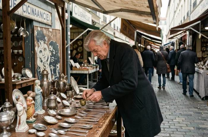 Homme examinant des antiquités et objets de collection sur un étal extérieur du marché de Clignancourt