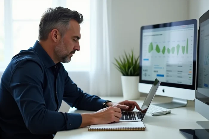 Homme utilisant une application de finances personnelles sur ordinateur portable dans un bureau moderne