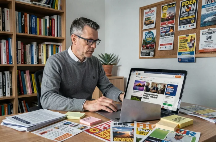 Homme concentré dans un bureau à domicile parcourant des bons plans et actualités gratuites sur son ordinateur portable