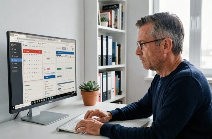 Homme en télétravail gérant plusieurs types de calendriers numériques sur un écran d'ordinateur dans un bureau à domicile