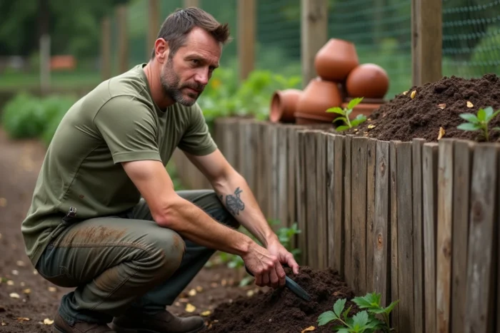 Homme retournant du compost dans un bac en bois recyclé au milieu d'un potager bio avec rangées de légumes en arrière-plan