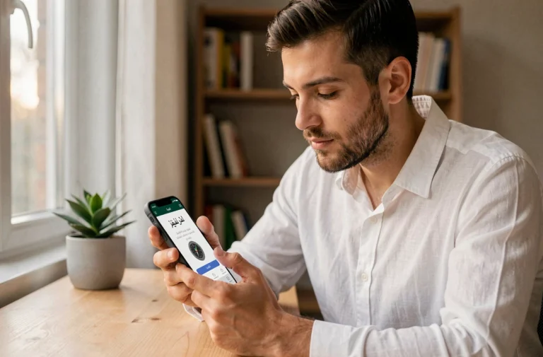 Homme consultant les horaires de prière Al Fajr sur son smartphone à Bordeaux
