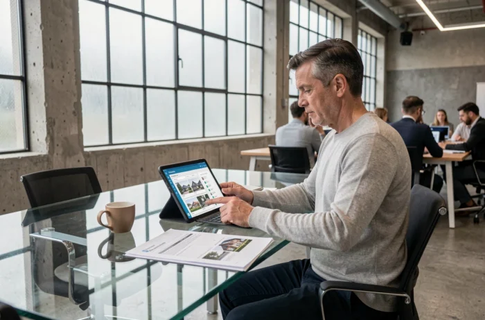 Homme consultant un tableau de bord de portefeuille immobilier sur tablette dans un espace de coworking moderne