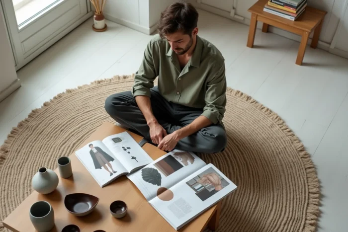 Homme tendance créant un tableau d'inspiration mode et décoration dans un intérieur minimaliste style Japandi