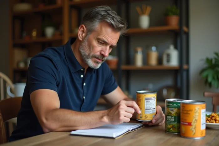 Homme lisant les étiquettes d'ingrédients sur des produits alimentaires pour détecter la présence d'oignon en cas d'allergie