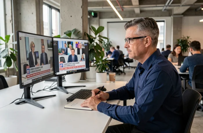 Homme suivant un journal télévisé en ligne sur un double écran dans un espace de coworking moderne en France