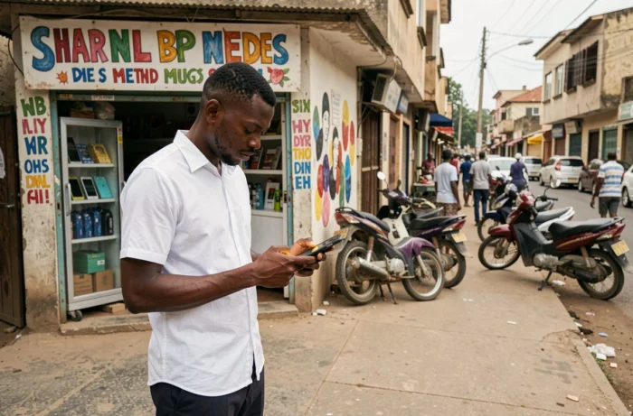 Homme utilisant une application de transfert d'argent mobile Orange Money devant une boutique de téléphonie en Afrique urbaine