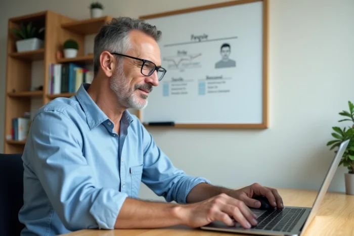 Homme adulte personnalisant son profil Famileo sur un ordinateur portable dans un bureau à domicile