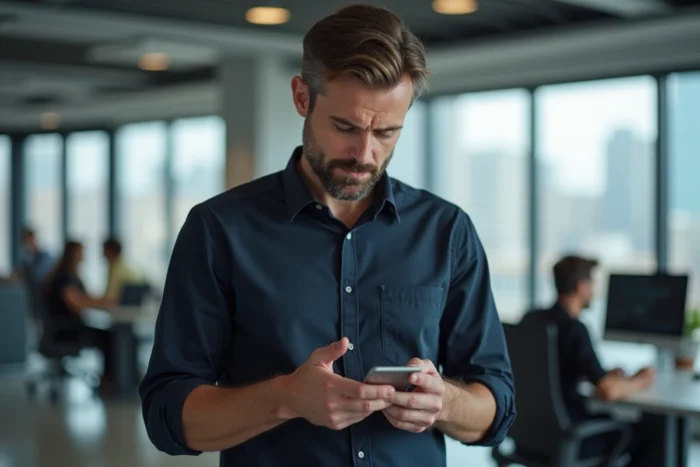 Homme consultant une alternative à zt-za sur son smartphone dans un bureau moderne en open space