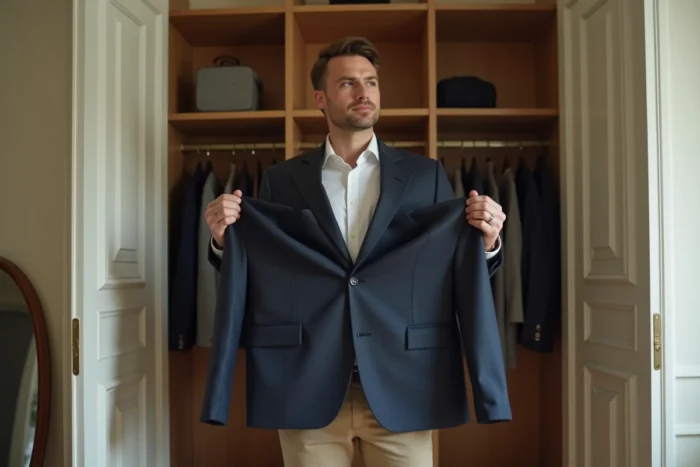 Homme inspectant une veste achetée sur Vinted similaire aux costumes portés dans les séries françaises