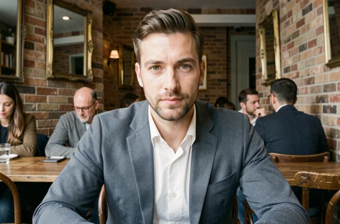 Homme aux yeux hazel gris portant un blazer bleu ardoise valorisant ses yeux, assis dans un café parisien au décor en briques apparentes