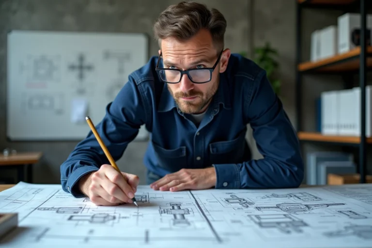 Ingénieur industriel annotant des plans techniques de machines sur une table à dessin dans un bureau d'ingénierie