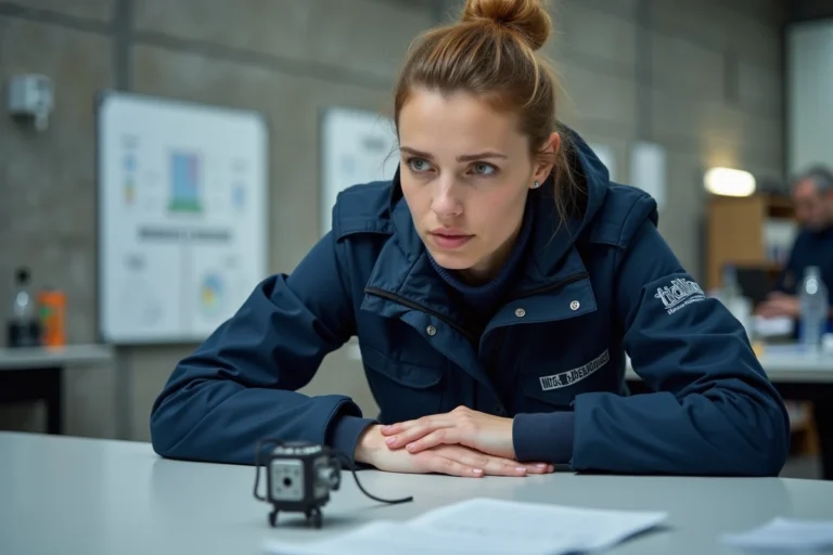 Ingénieure bretonne examinant un prototype d'énergie marémotrice dans un laboratoire d'innovation à Brest