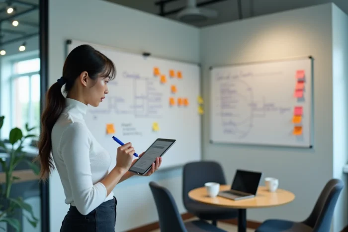 Ingénieure logicielle analysant des suggestions générées par IA devant un tableau blanc de conception de système