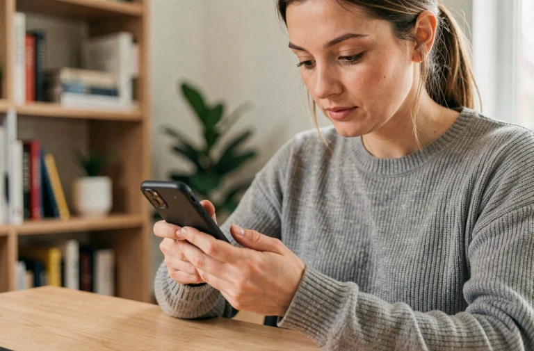 Femme inspectant un smartphone reconditionné à son bureau pour vérifier son état avant achat