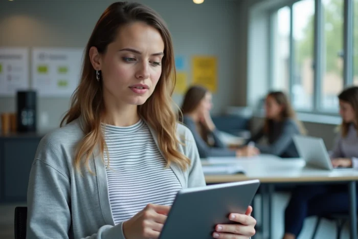 Jeune enseignante consultant IProf sur une tablette dans la salle des professeurs d'un établissement scolaire