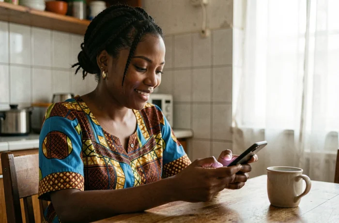 Jeune femme africaine utilisant Orange Money sur son smartphone à la maison pour gagner de l'argent en ligne