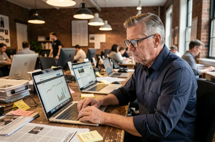 Journaliste dans une rédaction analysant des données d'audience et des articles imprimés, illustrant l'influence économique sur les médias d'information