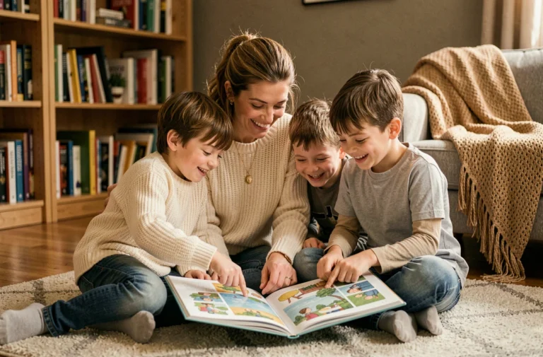 Mère et deux enfants lisant ensemble un livre illustré sur un tapis de salon confortable