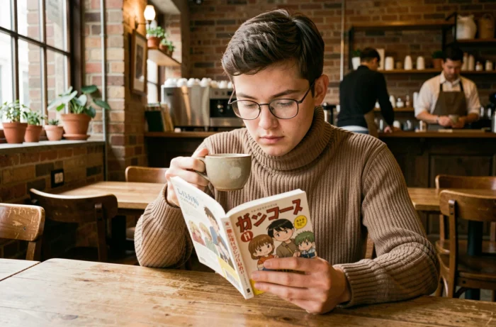 Personne lisant un one shot manga yaoi seule dans un café cosy avec une tasse de café et une ambiance intimiste