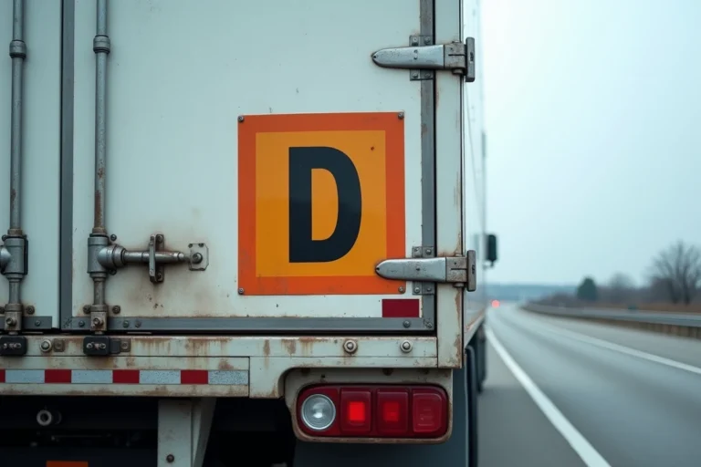 Plaque réglementaire orange avec la lettre D visible sur les portes arrière d'un camion poids lourd stationné sur une aire d'autoroute