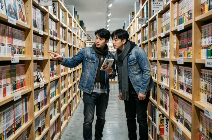 Deux jeunes hommes découvrant des one shots yaoi dans une librairie manga spécialisée avec de nombreuses étagères colorées