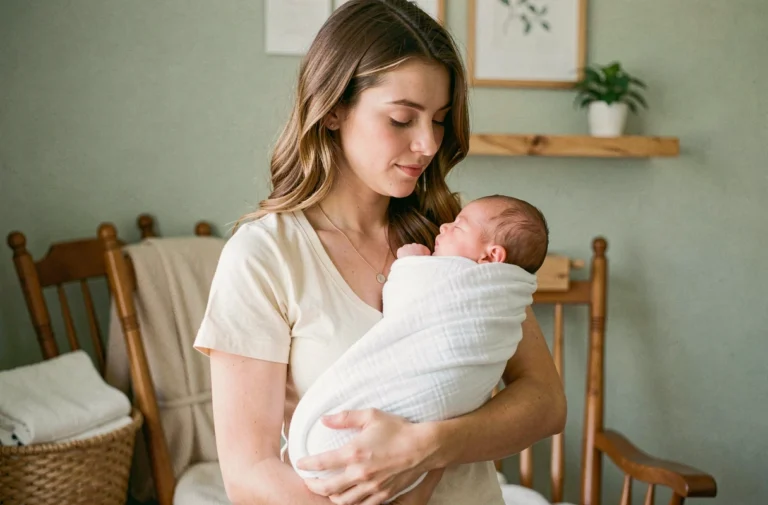 Jeune maman tenant tendrement son nouveau-né dans une chambre de bébé apaisante aux tons naturels