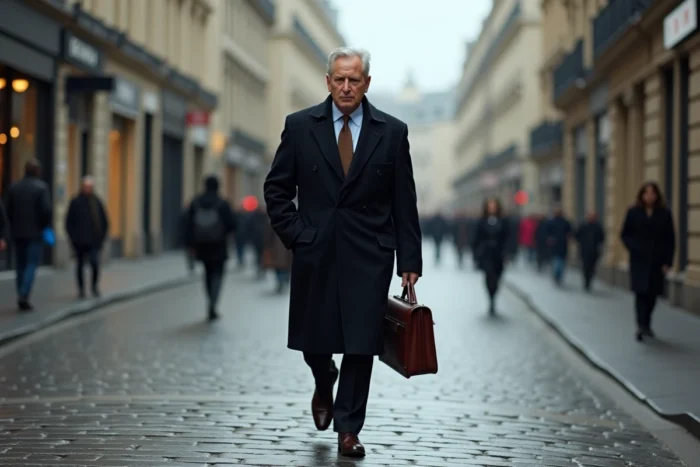 Homme d'affaires marchant dans un quartier financier européen, symbolisant l'impact et l'influence de Marc Warnod dans le monde des affaires